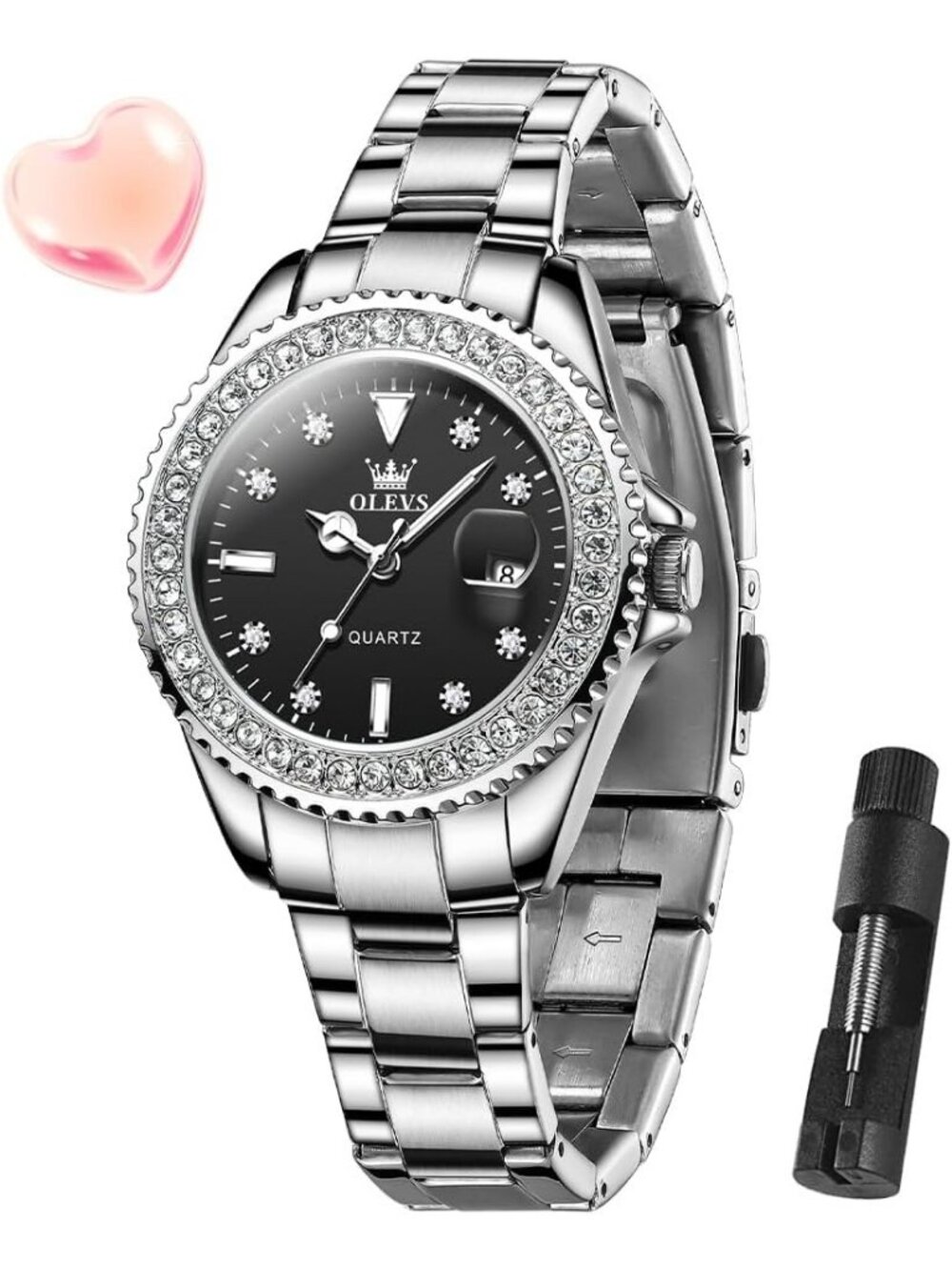 Women's Black Luxury Diamond with Date Analog Quartz Waterproof Wrist Watch